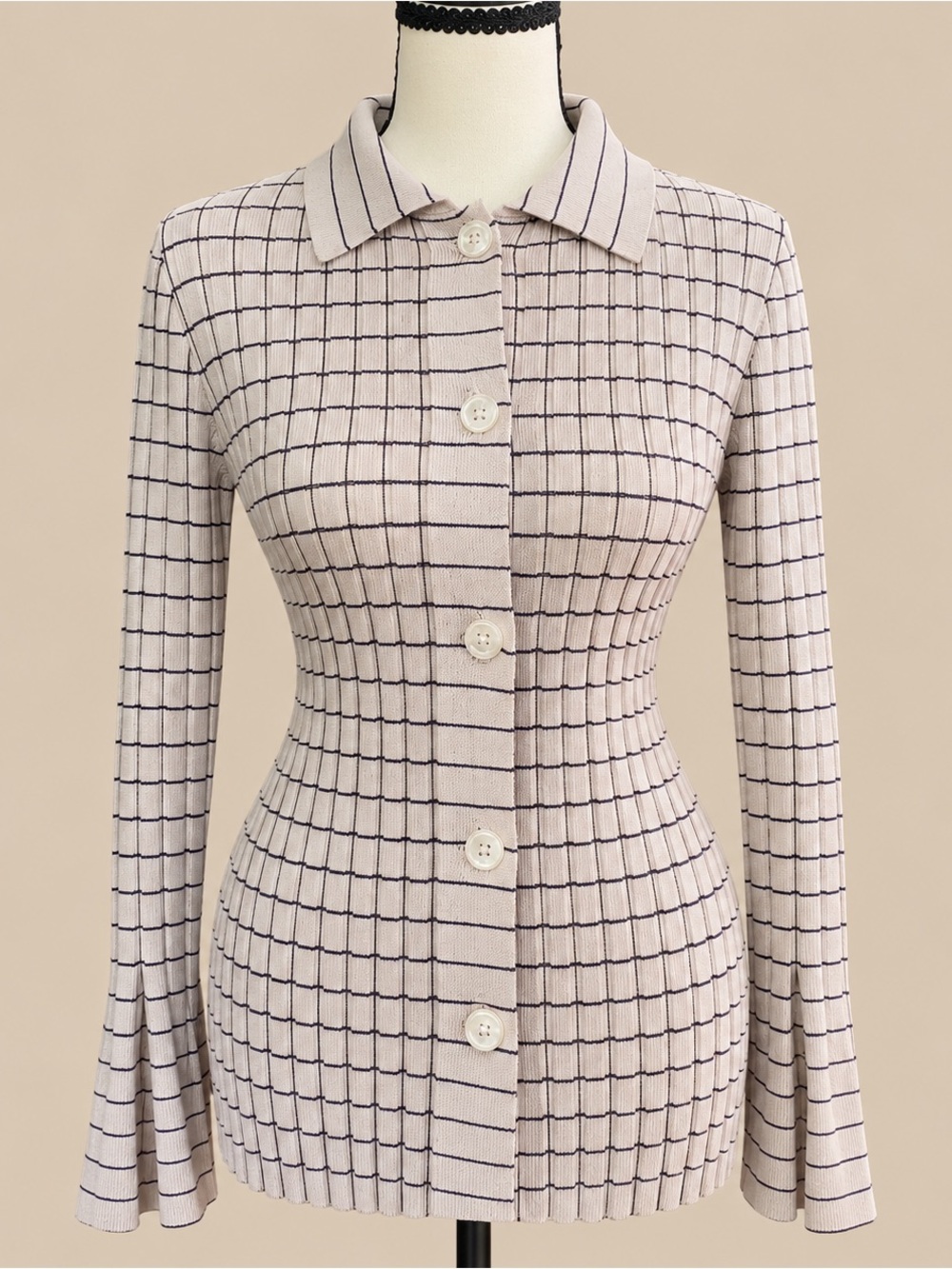 Preppy Stripe Ribbed Knit Button Down Polo Shirt Flare Cuff A New Day S